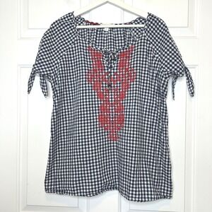 Westport 1962 Gingham Embroidered Tunic Top‎ XL Navy White Red Tie Sleeves